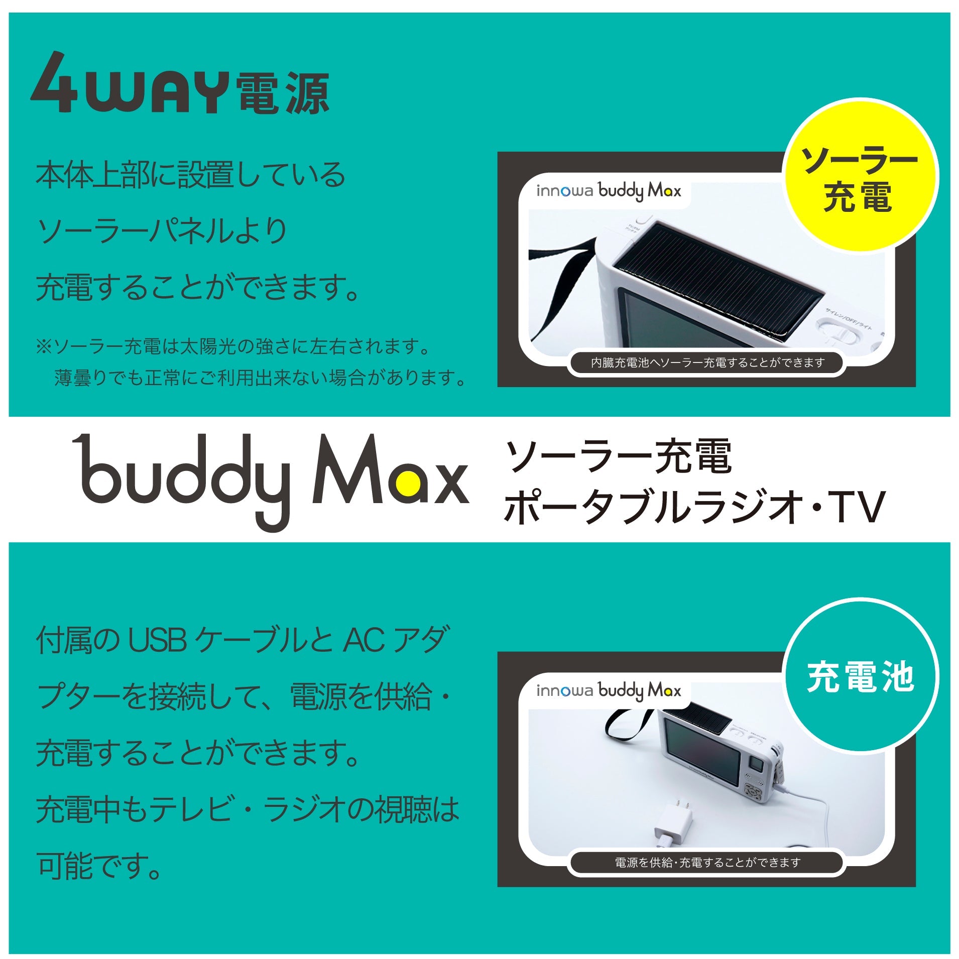 ソーラー充電 ポータブルテレビ 手回し防災ラジオ Buddy Max innowa BM001